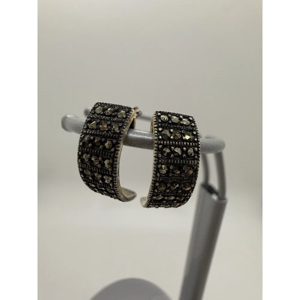 Vintage‎ Signed CFJ Sterling Silver .925 Marcasite Pierced Earrings Thailand
